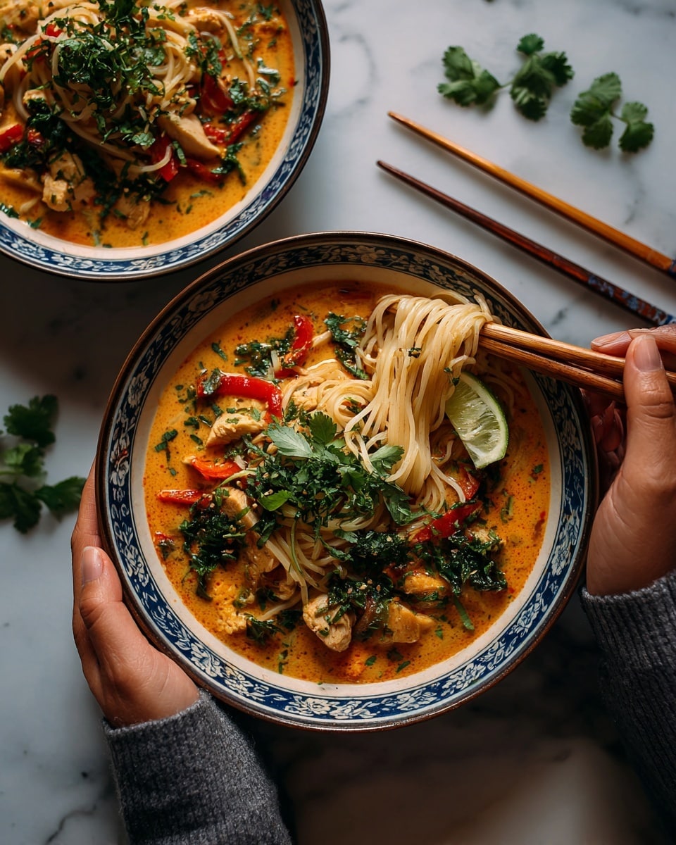 Two white bowls filled with a rich orange-red soup containing light brown noodles and pieces of mushrooms and red peppers. Each bowl is topped with fresh green herbs and lime wedges. In the bowl closer to the viewer, a pair of blue and natural wood chopsticks lifts some noodles from the soup. A woman's hand wearing a gray sweater holds this bowl. The second bowl also has a pair of natural wood chopsticks resting on its edge. The background is a white marbled texture with scattered green herbs. Photo taken with an iphone --ar 4:5 --v 7