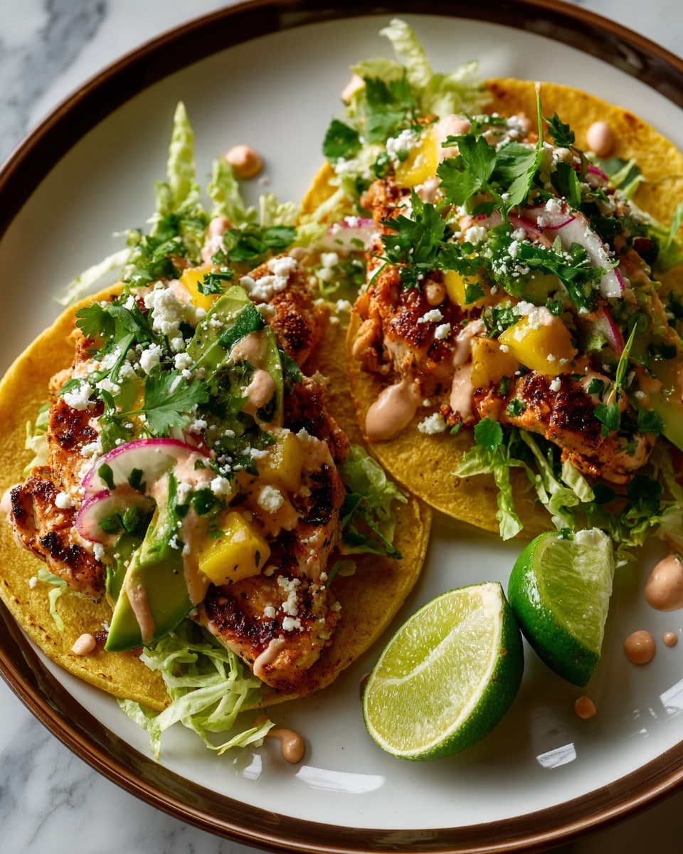 Two tacos rest on a white plate with a brown rim, placed on a white marbled surface with a green cloth underneath. Each taco has two yellow corn tortillas, slightly charred on the edges. The bottom layer has shredded green lettuce. On top, there are grilled chicken pieces with dark grill marks, followed by slices of green avocado. Bright yellow mango pieces and thin red radish slices add pops of color. White crumbled cheese is sprinkled on top along with small green cilantro leaves. A lime wedge sits on the side of the plate. Photo taken with an iphone --ar 4:5 --v 7
