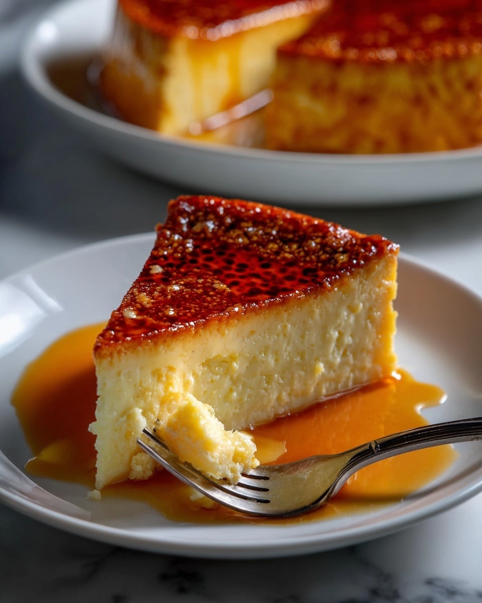A slice of creamy flan is shown on a white plate with a smooth, golden caramel layer on top that has a slightly darker, caramelized edge. The middle layer is pale yellow and looks soft and smooth with a light, fluffy texture. A silver fork rests on the plate, partially under the flan, with some caramel sauce around the base of the slice. The plate sits on a white marbled surface with another dessert blurred in the background. Photo taken with an iphone --ar 4:5 --v 7