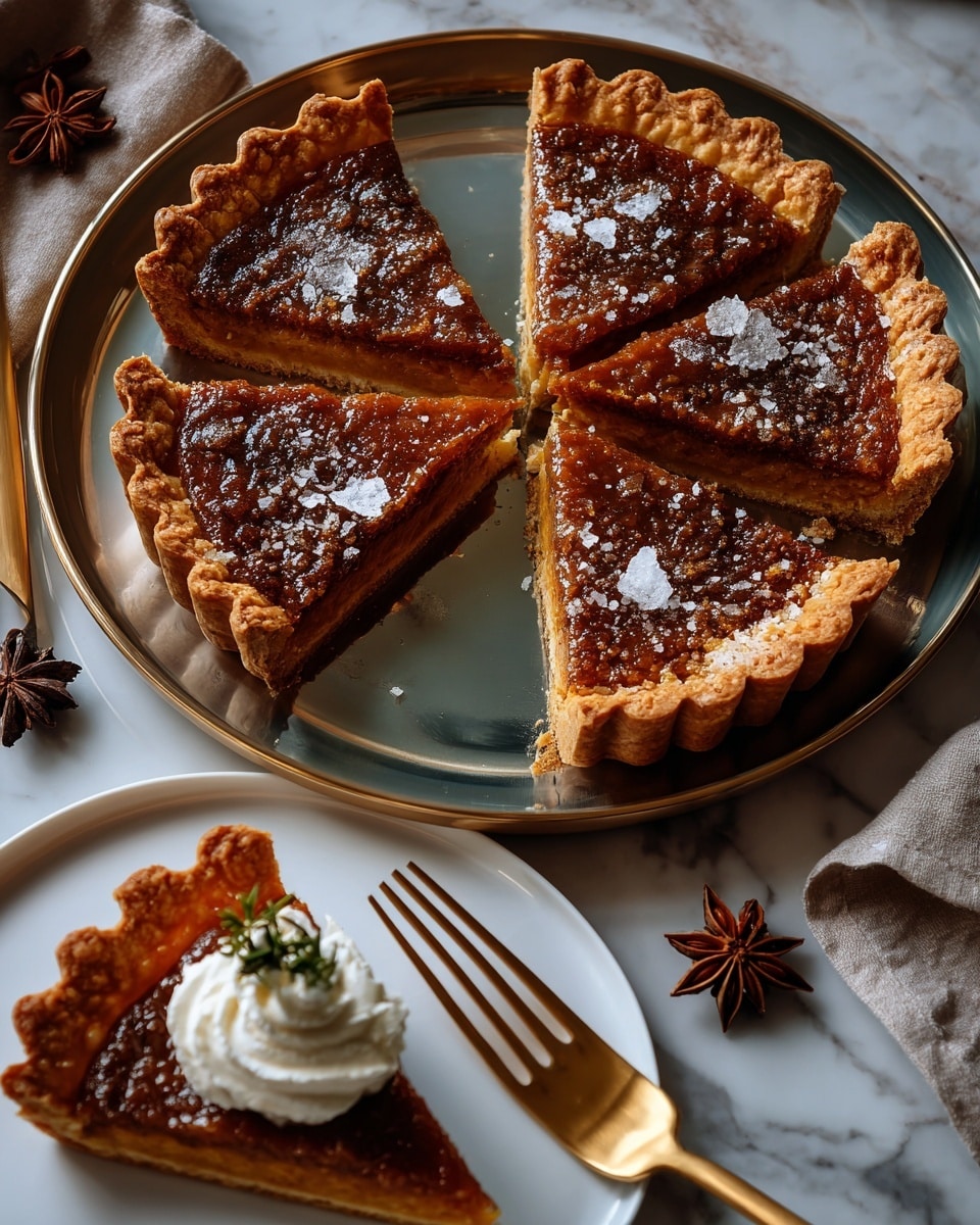 A round pie with a thick, golden brown crust edges the pie filled with a deep, dark brown chocolate filling that looks soft and rich. The pie is sliced into six pieces, with one piece taken out, showing the shiny, smooth chocolate center oozing slightly. The top of the pie has a light sprinkling of coarse salt, adding a bit of texture. Near the pie, star anise and some sugar crystals are scattered on a white marbled surface. In the bottom corner, a white plate holds a slice of the pie topped with a dollop of white cream, alongside a gold fork. Photo taken with an iphone --ar 4:5 --v 7