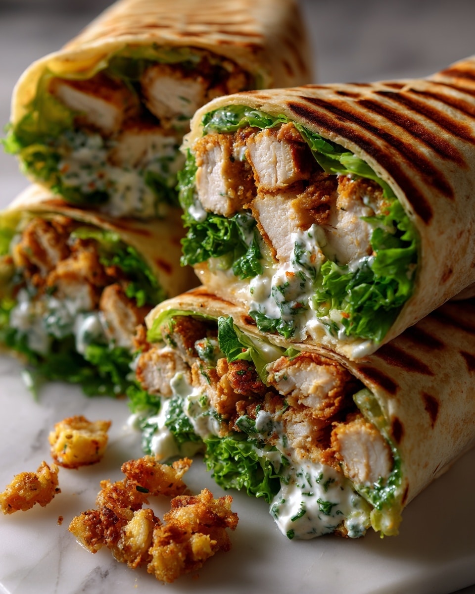 The image shows three wraps cut in half on a white marble board, each filled with three main layers: a soft, light brown tortilla wrap on the outside, a middle layer of bright green lettuce with leafy texture, and an inner layer of diced, cooked chicken with a creamy orange sauce coating the meat. Around the board are bunches of fresh, dark green parsley and leafy green lettuce on the left side, while bright red cherry tomatoes on the vine are scattered on the white marbled surface to the right and bottom. Two small round bowls sit near the wraps, one filled with a creamy light green sauce speckled with herbs, and the other holding a smooth orange dipping sauce. The overall setup is clean, fresh, and vibrant with colors. Photo taken with an iphone --ar 4:5 --v 7
