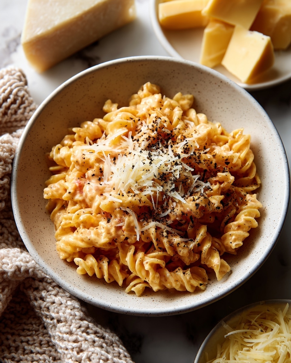 A close-up view of a white cast iron pot with a blue handle filled with creamy, orange-yellow pasta. The pasta is curly and coated evenly with cheese sauce, topped with a generous sprinkling of black pepper. The inside edge of the pot shows some cheese sauce residue, and the pot sits on a white marbled surface. photo taken with an iphone --ar 4:5 --v 7