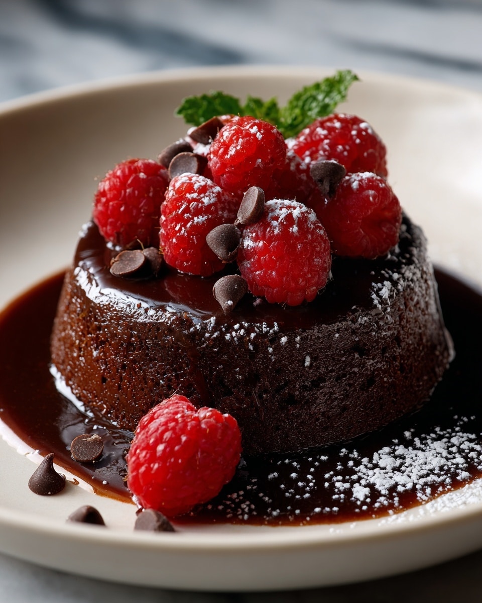 A shiny dark brown chocolate pudding sits in the center of a white plate, with a smooth dome shape and clean edges. On top of the pudding, there are several bright red raspberries arranged along with small drops of dark chocolate chips. Around the base of the pudding on the plate, there is a light dusting of white powdered sugar and a thin drizzle of dark chocolate sauce. One extra raspberry and a few more chocolate chips rest on the plate near the pudding. The background is a white marbled texture. photo taken with an iphone --ar 4:5 --v 7