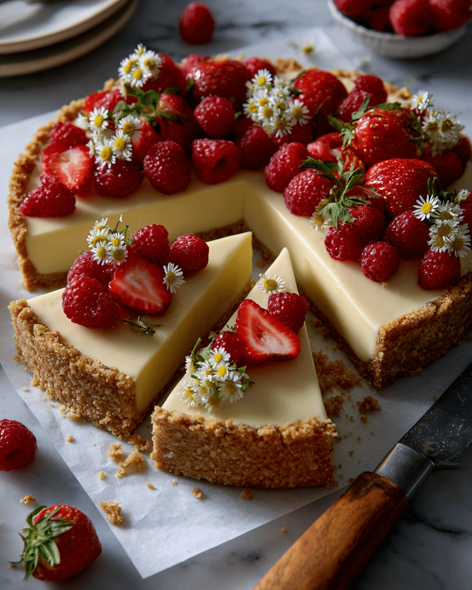 A round tart is shown on white parchment paper over a white marbled surface. It has a thick, crumbly, light brown crust forming the bottom and edges. The filling is a smooth, creamy pale beige layer that fills the crust. Several strawberries and raspberries in bright red and dark red colors are placed on top, some whole and some halved, mainly on one side and scattered across the tart. Small white daisy flowers with yellow centers are delicately placed among the berries on the filling and outside the tart. Three slices are cut and separated from the main tart, with crumbs around the edges. A rustic knife with a wooden handle lies beside one slice. Sunlight casts soft shadows across the tart and knife. Photo taken with an iphone --ar 4:5 --v 7