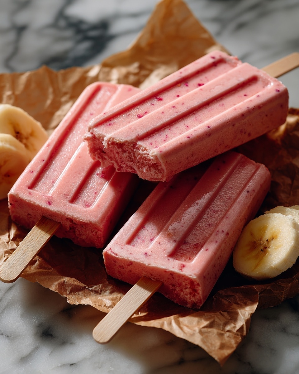 The image shows three pink popsicles lying on a piece of brown parchment paper, placed on a white marbled surface. The popsicles have a rough texture with visible tiny tiny fruit bits, and one of them, positioned in the front, has a bite taken out of its bottom corner, revealing a soft inside. The popsicles have a wooden stick inserted at the top, and two of them have parallel horizontal ridges near one end. On the bottom right corner of the image, there is a small slice of a banana. Photo taken with an iphone --ar 4:5 --v 7