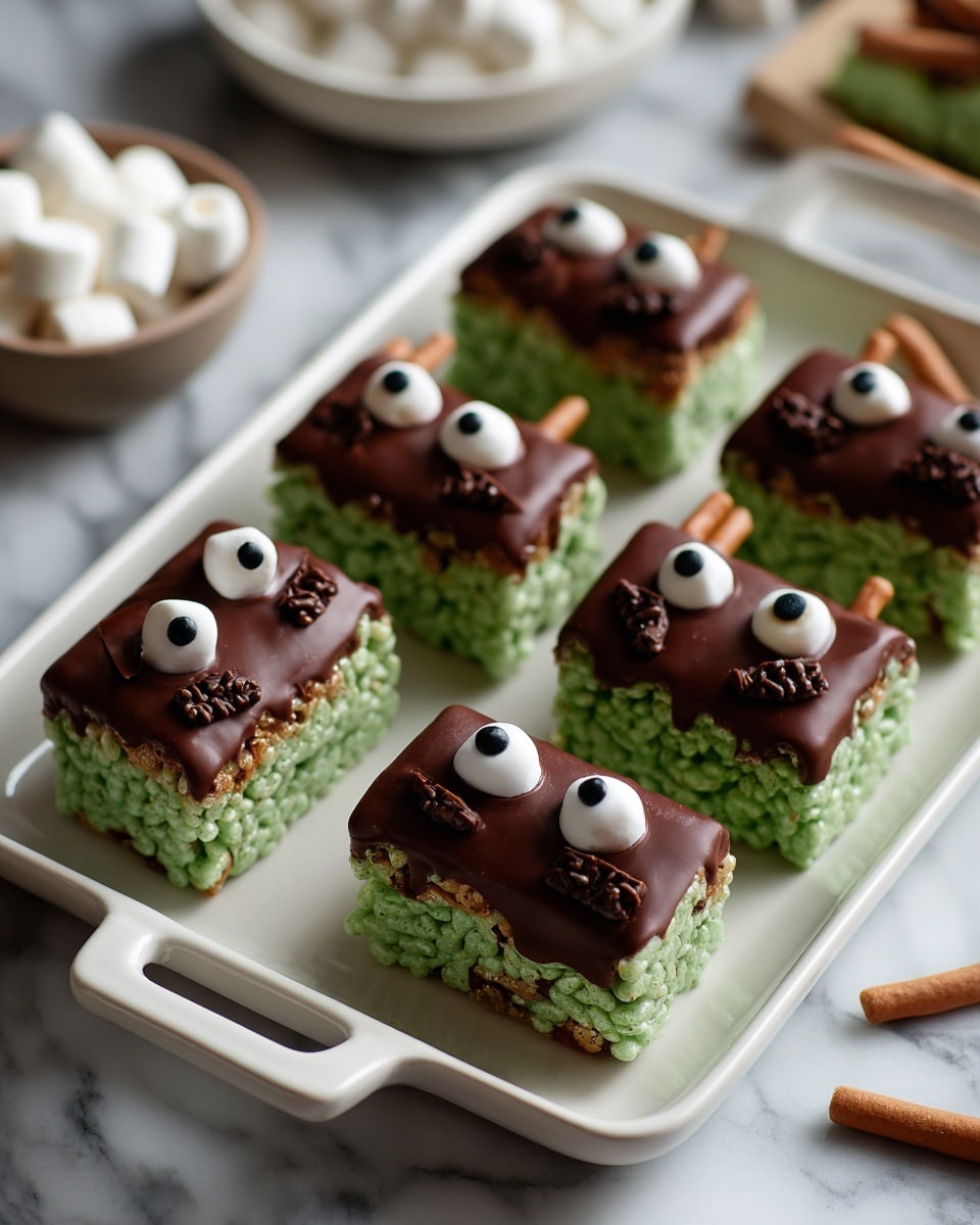 The image shows six rectangular green treats that look like rice crispy bars arranged on a white rectangular plate with handles. Each bar has a thick layer of dark brown chocolate on top, resembling hair, and two large white round candy eyes with black centers placed near the top middle. Below the eyes, different black icing shapes form mouths and stitches to make funny faces. Each bar has a small brown pretzel stick on each side as ears. The plate is on a white marbled surface, and three white marshmallows are placed nearby. Photo taken with an iphone --ar 4:5 --v 7
