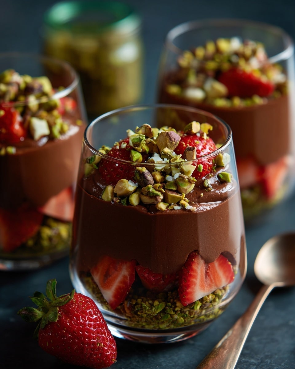 Three clear glass cups filled with layered dessert sit on a dark surface, with a white marbled texture in the background. Each cup shows layers starting from the bottom with crushed pistachios, followed by slices of bright red strawberries, then a layer of green pistachio crumbs, topped with creamy brown chocolate, more strawberry slices, and a final sprinkle of chopped pistachios. The textures vary from crunchy nuts to smooth chocolate and juicy strawberries, creating a colorful and rich look. Some whole strawberries and scattered pistachios are visible around the cups. Photo taken with an iphone --ar 4:5 --v 7