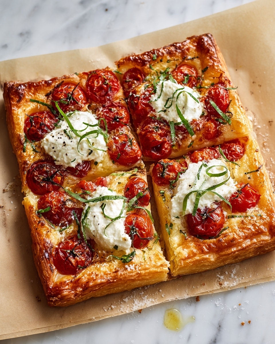 A rectangular puff pastry tart is shown in this image, cut into four roughly equal square slices on white parchment paper. The tart's base is golden brown and flaky with slightly raised edges. On top, there are visible layers including melted cheese in a light yellow shade, soft dollops of white creamy cheese, and bright red roasted cherry tomatoes scattered evenly. Fresh thinly sliced green basil leaves are sprinkled over the top, adding a splash of green contrast. Small specks of white sea salt and a drizzle of golden oil highlight the surface. The parchment paper lies on a white marbled background. photo taken with an iphone --ar 4:5 --v 7