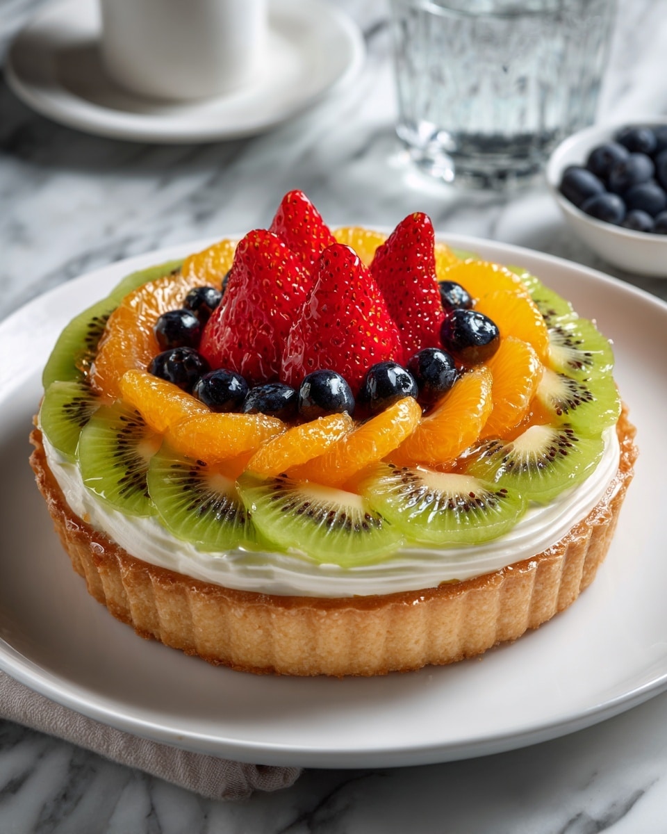 A round fruit tart with a light golden crust base, topped with a smooth white cream layer. On top, there are bright green kiwi slices neatly arranged in a circle along the edge. Inside this circle is a ring of shiny orange mandarin segments, and in the center, a small pile of fresh red strawberries and dark blueberries. A slice is taken out and placed on a small white plate showing the neat layers of crust, cream, and colorful fruit. The scene is set on a white marbled surface with a woman’s hand holding a fork near the plate, a few fresh strawberries, two clear glasses with ice water, and a small bowl of blueberries nearby. Photo taken with an iphone --ar 4:5 --v 7