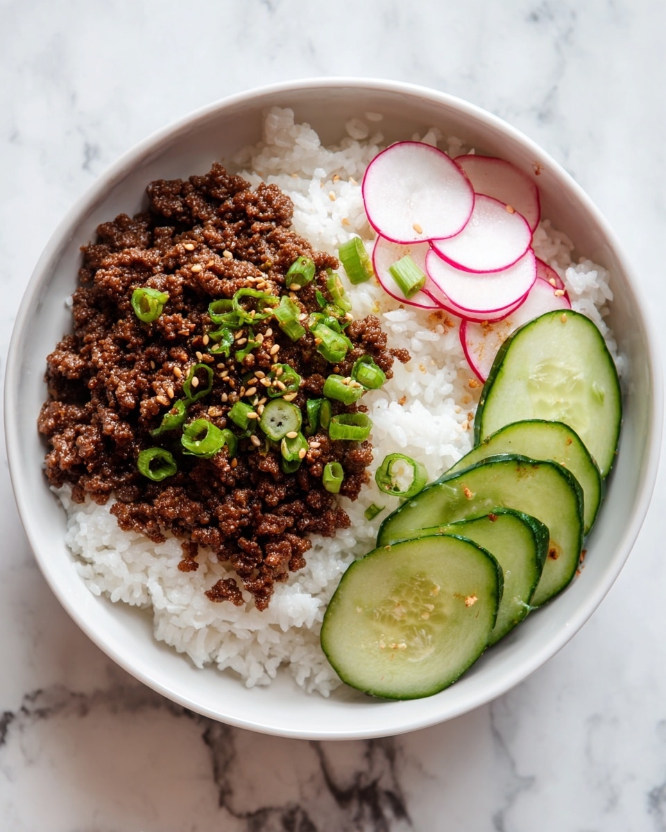 The image shows a white bowl filled with three main layers: the bottom layer is white rice with a soft and fluffy texture, the middle layer is dark brown cooked minced meat spread evenly on top of the rice, and the top layer is garnished with sliced green onions and sesame seeds scattered over the meat. On the right side inside the bowl, there are thinly sliced cucumber pieces in a bright green color and a few thin radish slices with white centers and red edges. The bowl sits on a white marbled surface with a pair of metal chopsticks resting beside it. Nearby, there is a white plate with more radish and cucumber slices and a small white bowl with chopped green onions. photo taken with an iphone --ar 4:5 --v 7