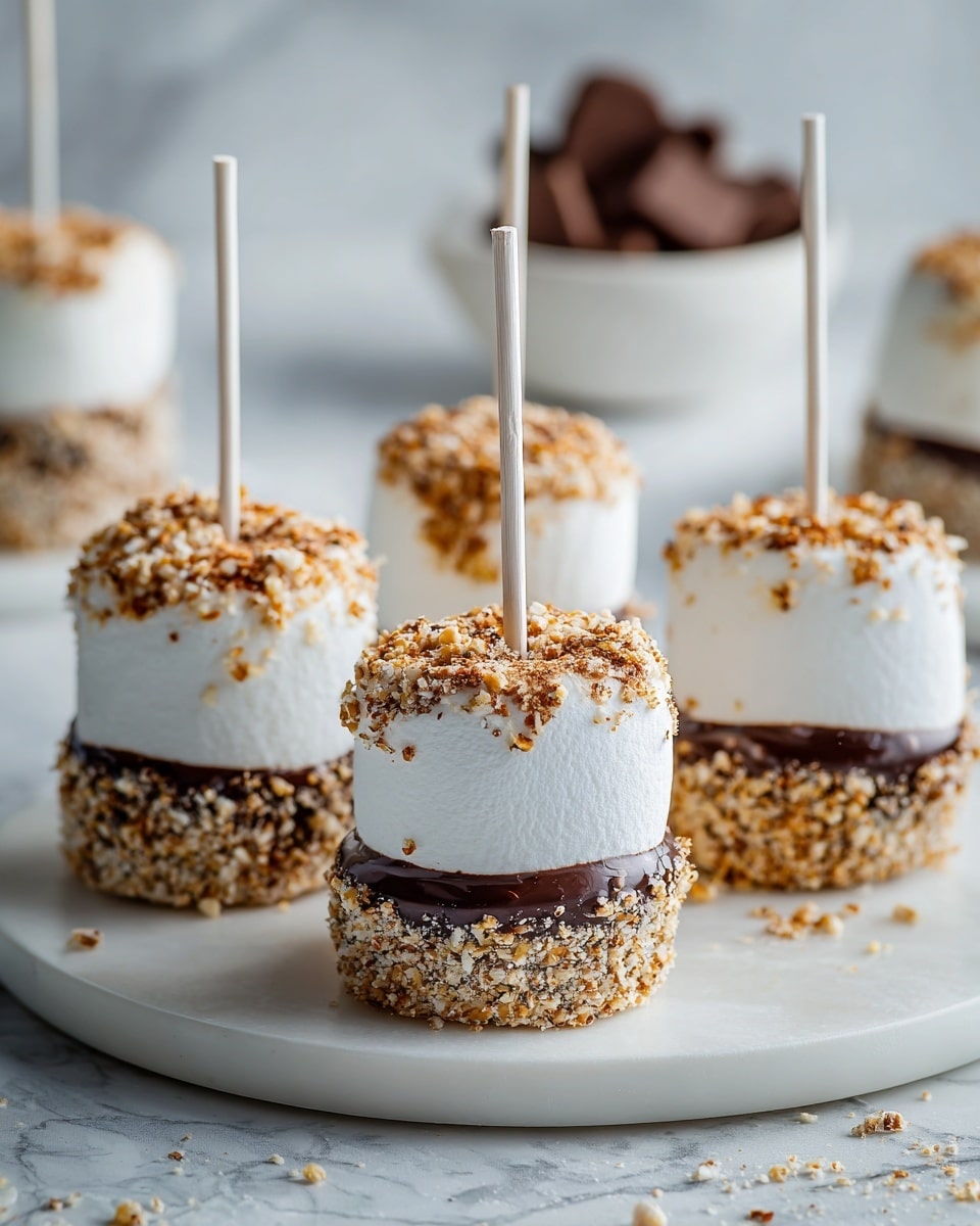 The image shows several small treats shaped like marshmallows on sticks, each covered with a thick layer of chocolate, then rolled in crushed light brown crumbs. Each treat has three clear layers: a white top showing the marshmallow, a middle dark brown chocolate layer, and an outer crumb coating with a rough texture. The white sticks come out from the center of each treat, standing upright. These treats are arranged in neat rows on a white marbled surface with soft lighting highlighting the crumb texture. photo taken with an iphone --ar 4:5 --v 7