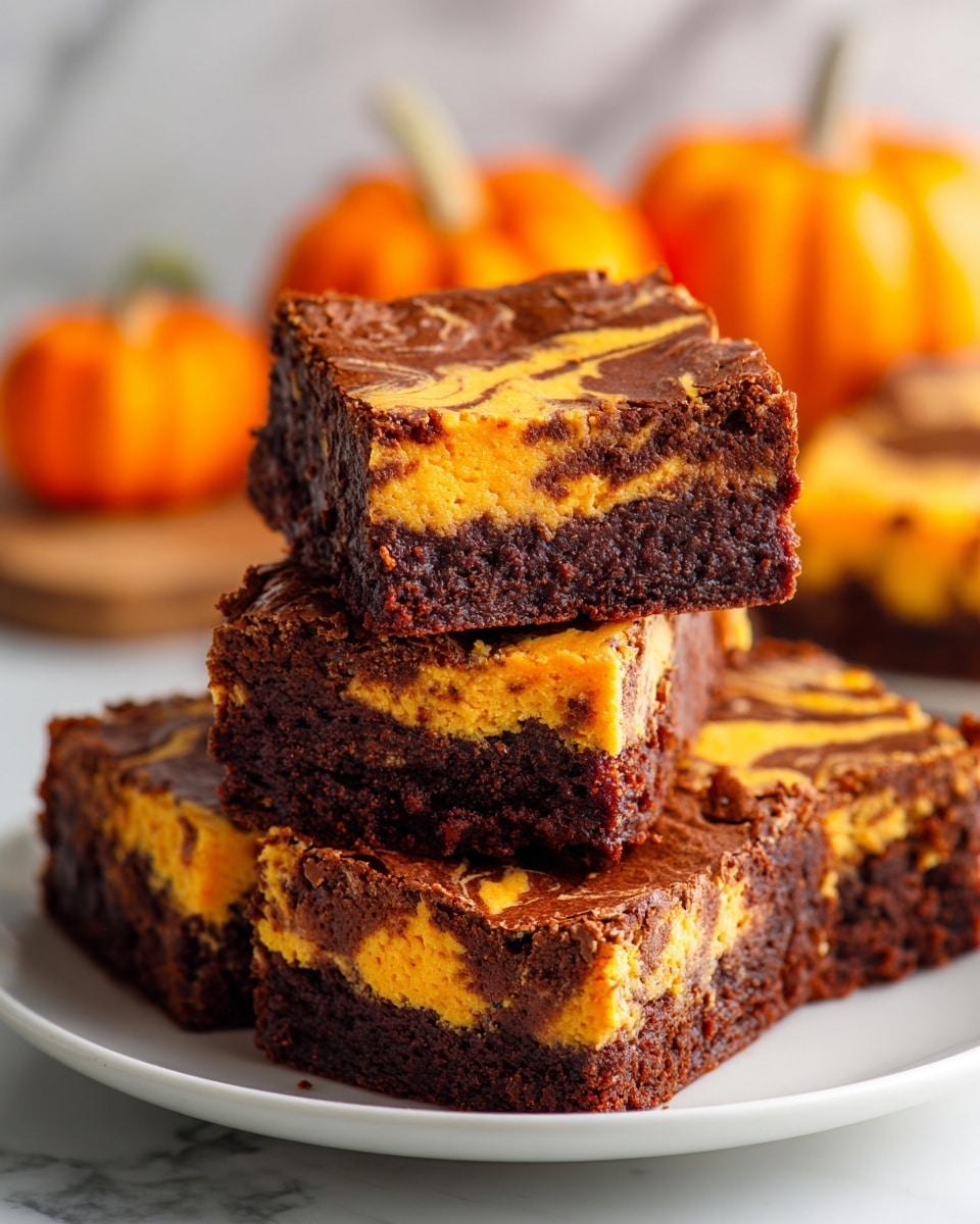 The image shows two stacked square brownies with three visible layers: a dark brown chocolate layer at the top, middle, and bottom, with a bright orange layer of pumpkin filling in between. The pumpkin layer has a smooth and creamy texture and swirls of chocolate mix into it on the top surface. The brownies are placed on a white plate with more brownies blurred in the background on a white marbled surface. A woman's hand holds a white bowl filled with chocolate chips on the right side of the image. photo taken with an iphone --ar 4:5 --v 7