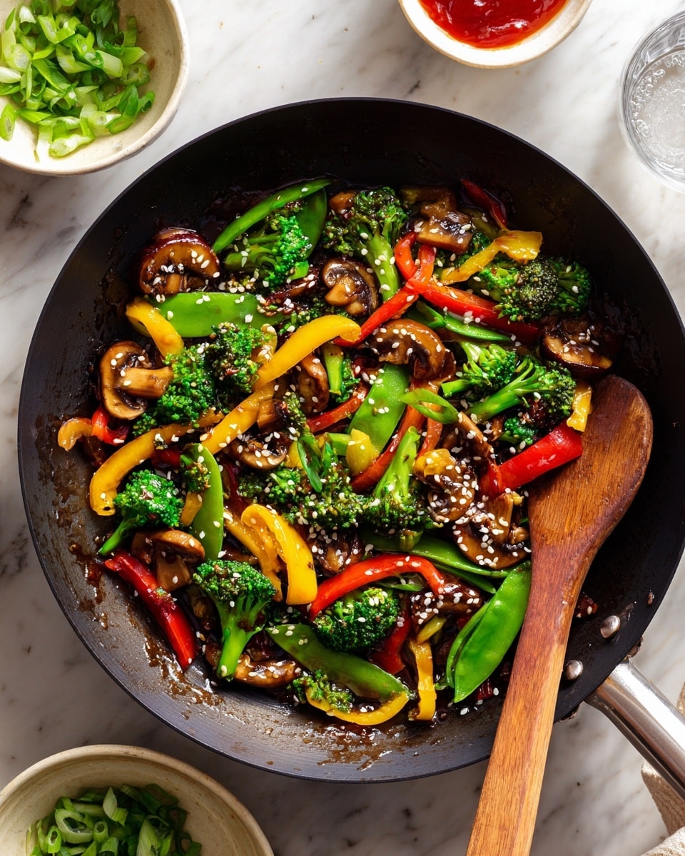A black pan with a wooden handle holds a colorful stir-fry of vegetables. The dish has three main layers: at the bottom, there is a glossy brown sauce coating the veggies; on top of that are bright green snap peas and broccoli florets with a rough texture; scattered around are red and yellow bell pepper slices with smooth skin and sautéed brown mushroom slices with a soft texture. The stir-fry is sprinkled with sesame seeds and thinly sliced green onions. A wooden spatula rests inside the pan on the right side, partially covered by the vegetables. The scene is set on a white marbled surface, with a white bowl filled with green onion slices nearby, a clear glass of water, and a white plate to the side. Photo taken with an iphone --ar 4:5 --v 7