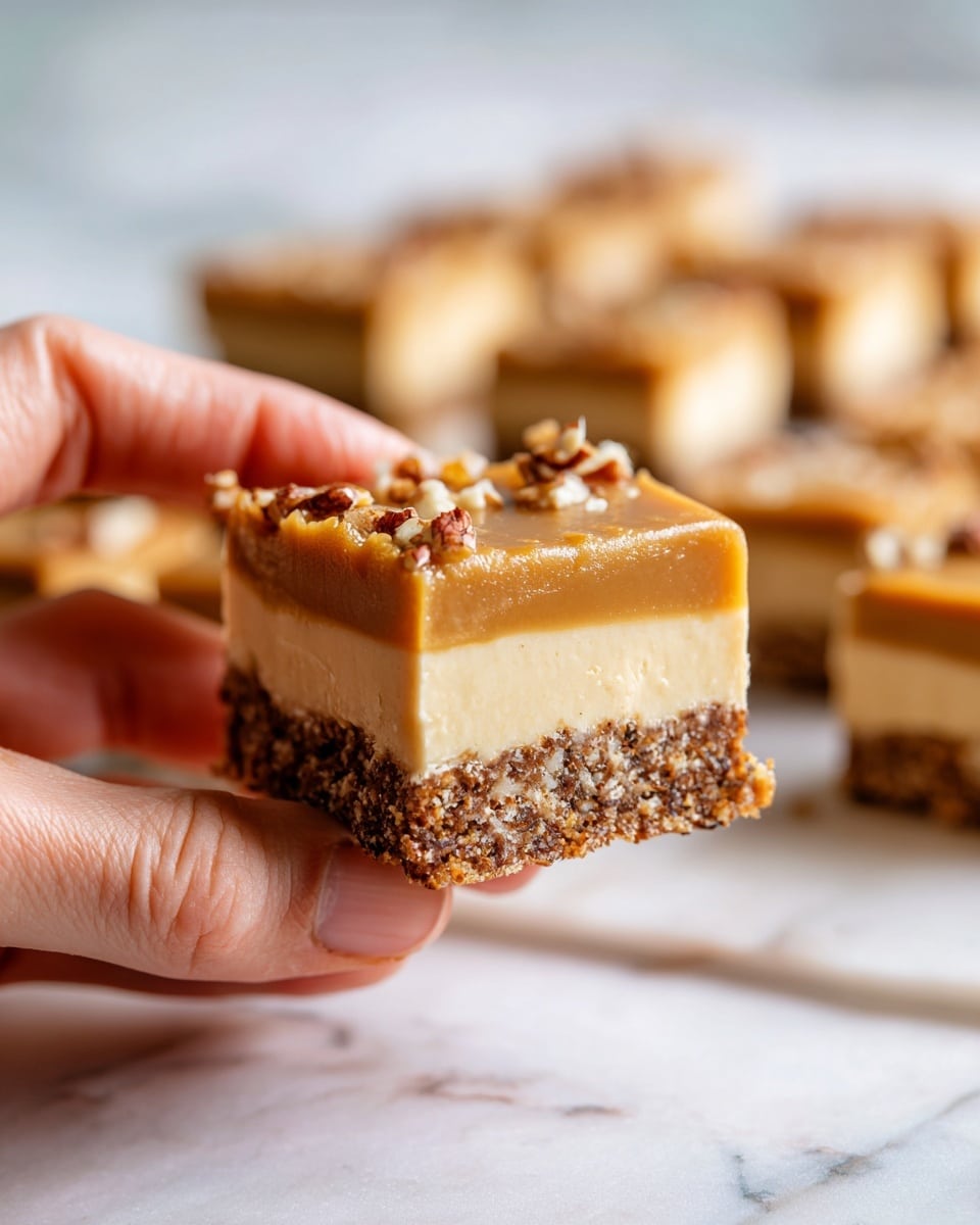 A woman's hand is holding three stacked square cookie sandwiches, each with three layers: the top and bottom layers are light brown textured cookies with a pattern on the surface, and the middle layer is a thick, smooth, creamy caramel-colored filling. In the background, more cookies are scattered on a white marbled surface along with a glass filled with creamy brown spread. The image has warm tones and a soft focus on the background, emphasizing the cookie sandwiches in the woman's hand. photo taken with an iphone --ar 4:5 --v 7