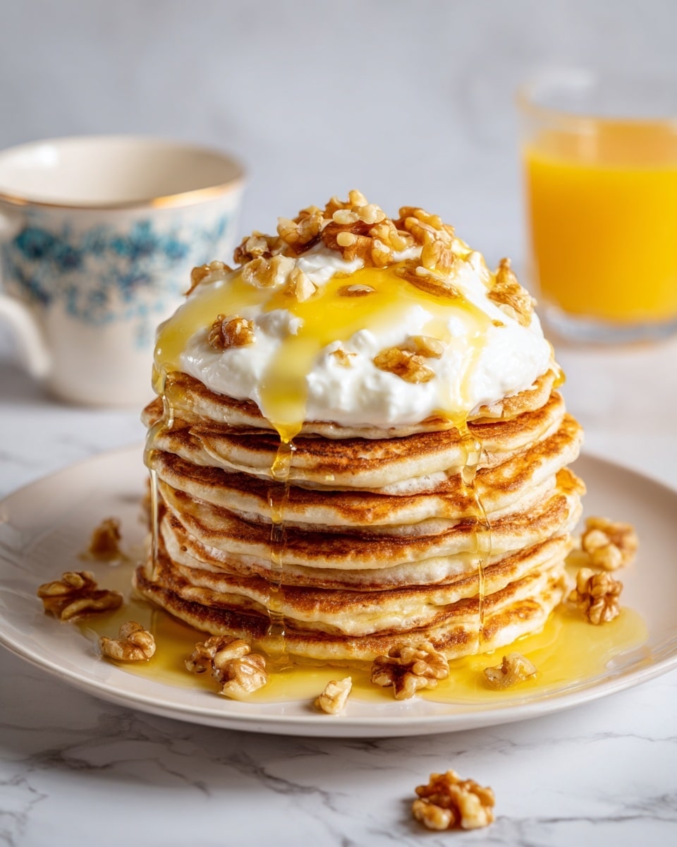 This image shows two white speckled plates with stacks of three golden brown pancakes each. The top plate has plain pancakes topped with small walnut pieces and a drizzle of honey. The bottom plate's stack has a dollop of white yogurt or cream on top, also sprinkled with walnuts and honey. Both plates have a fork on the right side. Around the plates, there is a small white bowl filled with more walnuts, a glass of orange juice on the left, and a glass bowl with honey and a wooden honey dipper resting inside. The table surface is white with a marbled texture. The lighting is bright with soft shadows. Photo taken with an iphone --ar 4:5 --v 7