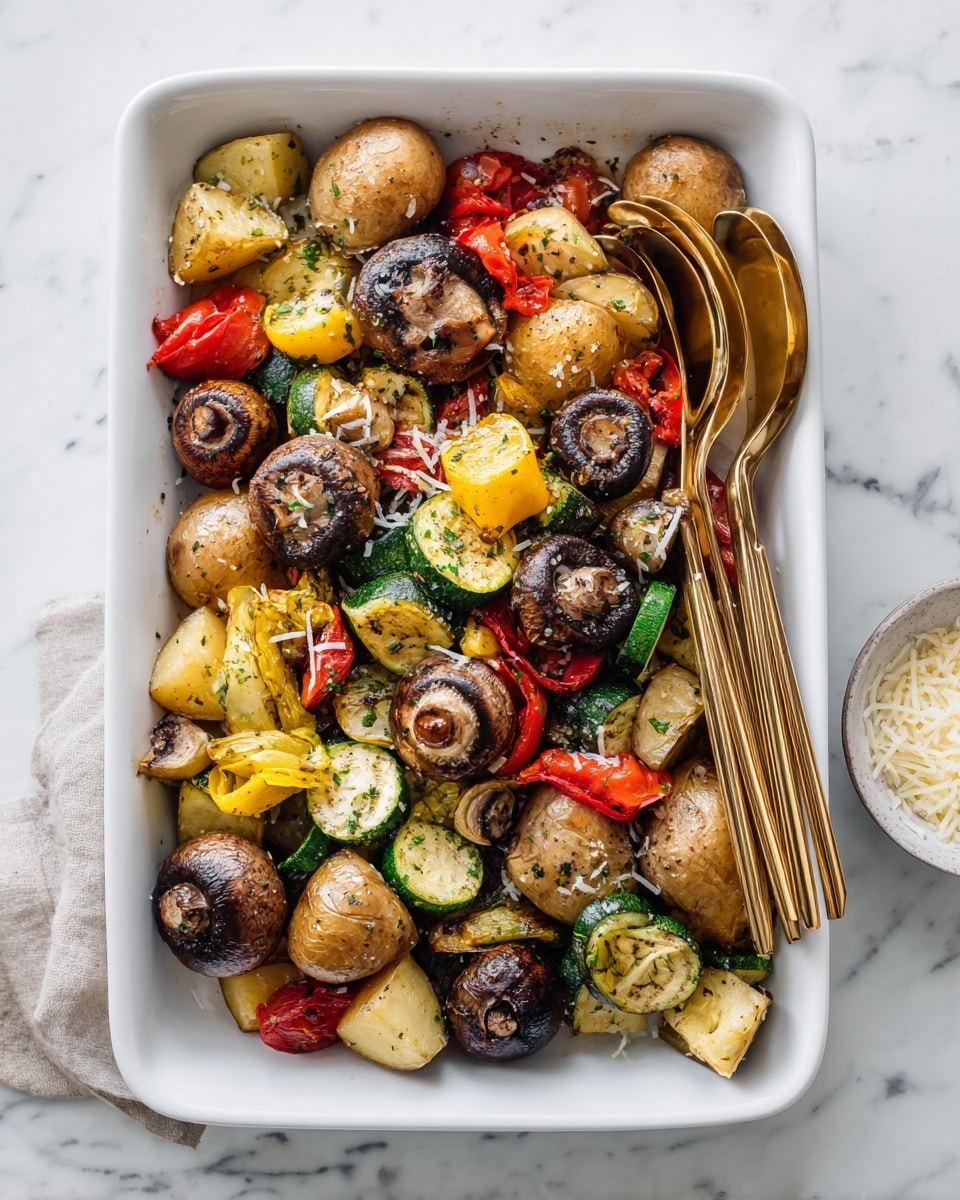 A white tray filled with roasted vegetables including whole baby potatoes with wrinkled golden-brown skin, dark brown mushrooms, bright red roasted tomato halves, and chunky pieces of green zucchini and yellow squash. The vegetables are seasoned with herbs and sprinkled with grated cheese on top. Two twisted gold serving spoons rest in the top right corner on the tray. The tray sits on a white marbled surface with a small white bowl of grated cheese partly visible on the right side. The whole scene is lit brightly, showing the textures and colors clearly photo taken with an iphone --ar 4:5 --v 7