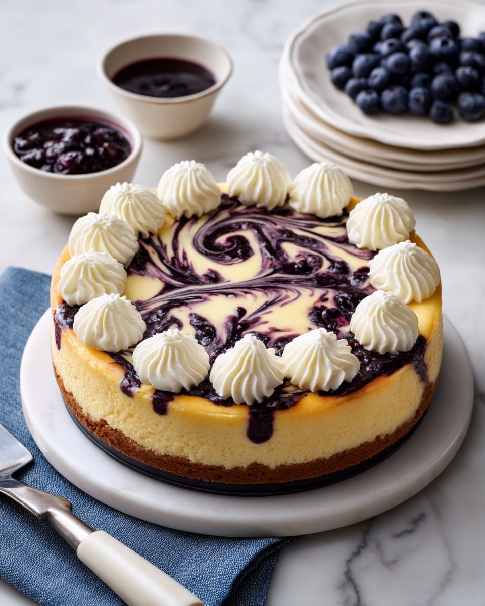 The image shows ingredients for a dessert laid out on a white marbled surface. There is a glass bowl with smooth white sour cream at the top left. To the right, a white plate holds three thick blocks of cream cheese, creamy white with a soft texture. Below, a white bowl is filled with white granulated sugar. Next to it is a tiny white bowl containing dark brown vanilla extract. Below these, a small white plate holds three brown eggs. To the right of the eggs is a small glass of clear water and a halved lemon showing its yellow flesh. Below, a small light blue bowl contains white cornstarch powder. A small white bowl with melted butter, smooth and golden, is placed to the left of the eggs. At the bottom left, a white plate stacks rectangular beige graham crackers with rough texture. On the bottom right, a large clear glass bowl is full of dark blue, round blueberries with a slight shine. Photo taken with an iphone --ar 4:5 --v 7