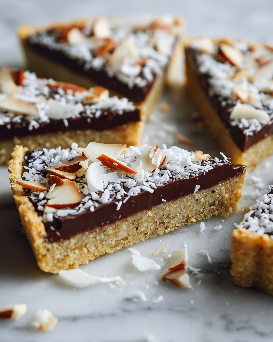A round tart with three main layers: the bottom layer is a crumbly, golden brown crust that edges around the whole tart; the middle layer is a smooth, rich dark chocolate filling that fills the tart evenly; the top layer is scattered with light beige thin almond slices and wide, white coconut flakes with brown edges, spread close to each other mostly on the chocolate. There is a slice missing from the tart, showing all layers inside, and the tart is placed directly on crinkled brown parchment paper over a white marbled surface. Small salt granules are lightly sprinkled on the chocolate layer. Photo taken with an iphone --ar 4:5 --v 7