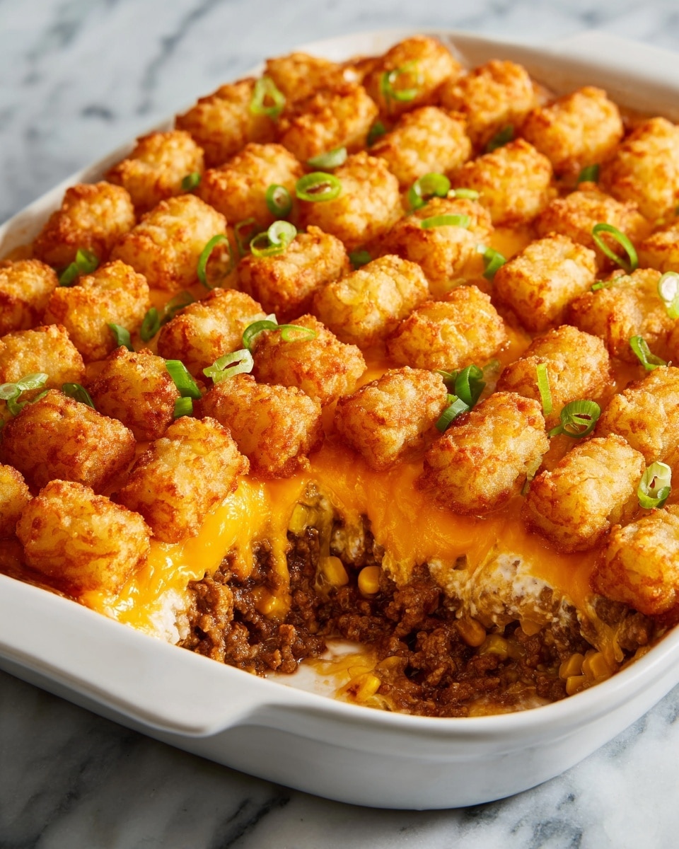 A white baking dish filled with a layered casserole. The top layer is covered with rows of golden brown, crispy tater tots, each with a slightly rough and crunchy texture. Below the tater tots is melted yellow cheese that peeks between the potatoes, with a few pieces of green onion slices scattered on top. The base layer shows a creamy mixture with visible corn kernels and bits of ground meat in a light brown sauce. One corner of the dish is scooped out, revealing all the layers inside. The dish is set on a white marbled surface. Photo taken with an iphone --ar 4:5 --v 7