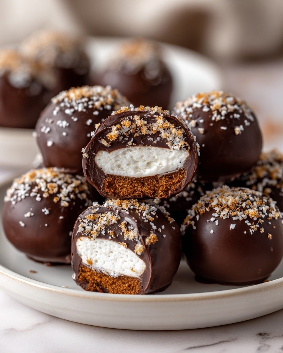 The image shows a white plate with seven round chocolate-covered balls, each topped with dark chocolate sprinkles and some light brown sugar crystals. One ball is opened to reveal a creamy white center with a slightly grainy texture inside, surrounded by a thick smooth chocolate shell. The balls have a shiny and smooth outer layer and are arranged closely together on the plate, which sits on a white marbled surface. photo taken with an iphone --ar 4:5 --v 7