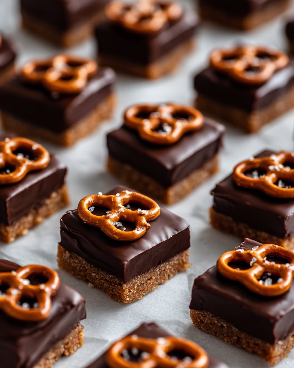 The image shows many small treats arranged on white parchment paper over a baking tray. Each treat has three layers: the bottom layer is a rough-textured, light brown base that looks soft and crumbly. The middle layer is a small, flat, golden-brown pretzel with a grid pattern and a slightly glossy surface. Half of each treat is covered in a thick, shiny dark chocolate coating, with the chocolate covering the side and top of the treat, leaving the pretzel half exposed. The treats are spread out in rows, with a white marbled surface in the background. photo taken with an iphone --ar 4:5 --v 7