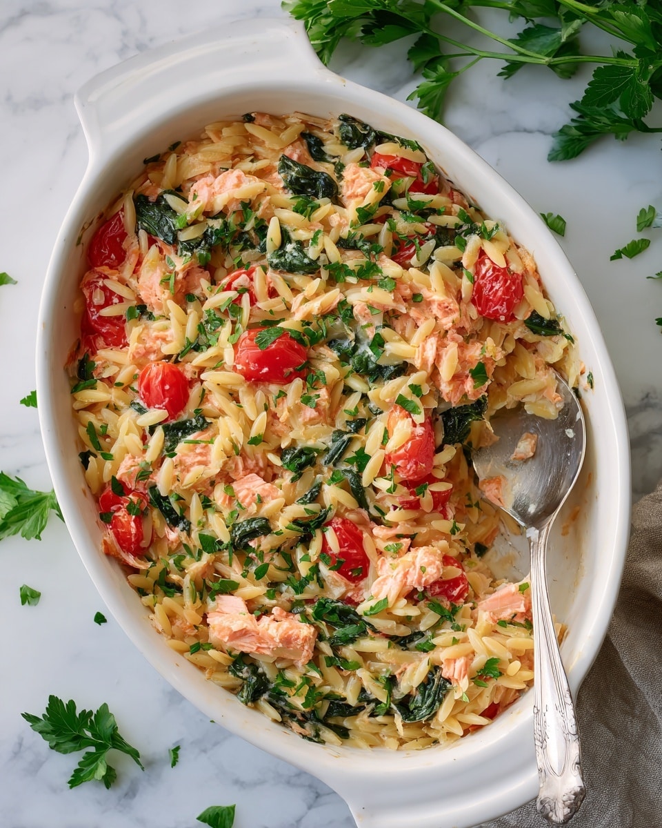The image shows a white casserole dish filled with a creamy pasta bake containing three main visible layers: the bottom layer has a creamy light beige sauce mixed with small, soft orzo pasta pieces; the middle layer contains bright orange chunks of cooked salmon and deep green spinach leaves; the top layer is decorated with whole, shiny red cherry tomatoes and chopped fresh green parsley sprinkled evenly across the dish. A metal spoon is placed inside the dish on the left side, slightly digging into the pasta. The dish is set on a white marbled surface with some scattered parsley leaves and a striped cloth napkin nearby, along with small bowls of chopped parsley and black pepper. Photo taken with an iphone --ar 4:5 --v 7