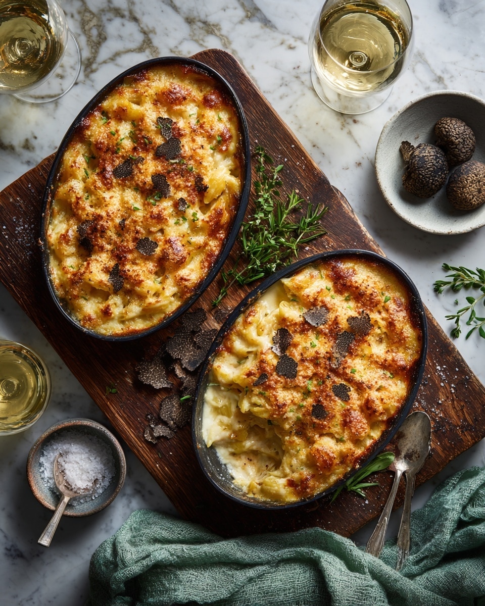 The image shows two black oval baking dishes filled with a cheesy baked pasta. Each dish has one visible layer of creamy, golden-brown pasta topped with small black truffle pieces scattered across the surface. The pasta is bubbly and has a slightly crispy, browned texture on top. The dishes are placed on a dark wooden board, which rests on a white marbled surface. Around the dishes, there are two clear glasses filled with light yellow white wine, a small white bowl with whole black truffles, a silver spoon, a green knitted cloth, and some fresh green herbs. photo taken with an iphone --ar 4:5 --v 7
