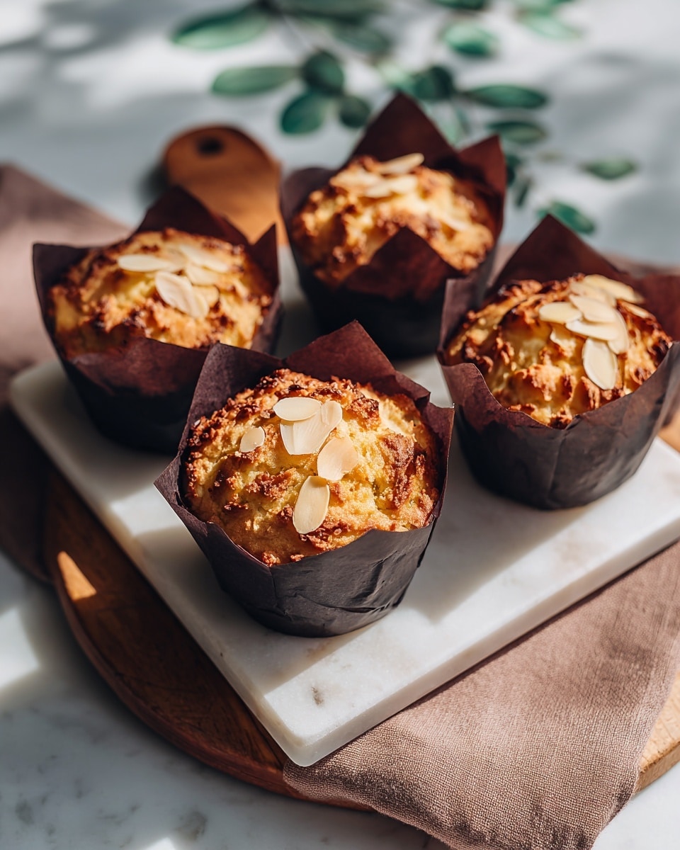 The image shows five golden brown muffins with a rough, crumbly top texture, each topped with a few light beige almond slices. The muffins sit in dark brown paper liners and are placed on a white marble cutting board that has wooden edges. The background is softly blurred, featuring a beige cloth with green leaves printed on it, resting on a white marbled surface. Warm, natural light highlights the muffins’ crispy tops and soft texture below. photo taken with an iphone --ar 4:5 --v 7