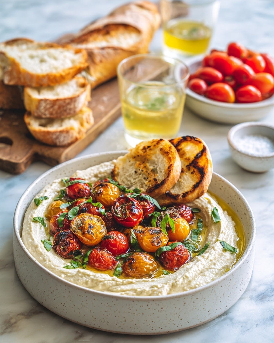 Two small white bowls sit on a white marbled surface, one filled with a mix of small red, yellow, and one green cherry tomatoes, with a cluster of red tomatoes still attached to a green vine laying on top. The other bowl contains fresh green basil leaves. To the right edge of the image, a white plate holds toasted pieces of bread and a spread of soft white cheese with olive oil, partially visible. In the background, there is a clear glass with a light yellow drink and another piece of toast. Photo taken with an iphone --ar 4:5 --v 7