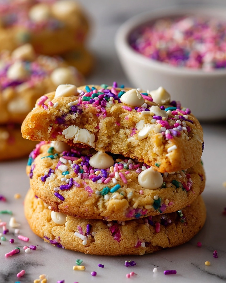A close-up view of two stacked cookies on a white marbled surface, with the top cookie broken to show its soft, crumbly inside. Both cookies are light golden brown with colorful sprinkles in purple, pink, blue, and white scattered all over the surface and embedded inside. The texture of the cookies is slightly rough with small cracks, and some white chocolate chips are visible on the top layer. In the blurred background, there is a white bowl filled with more sprinkles. Photo taken with an iphone --ar 4:5 --v 7
