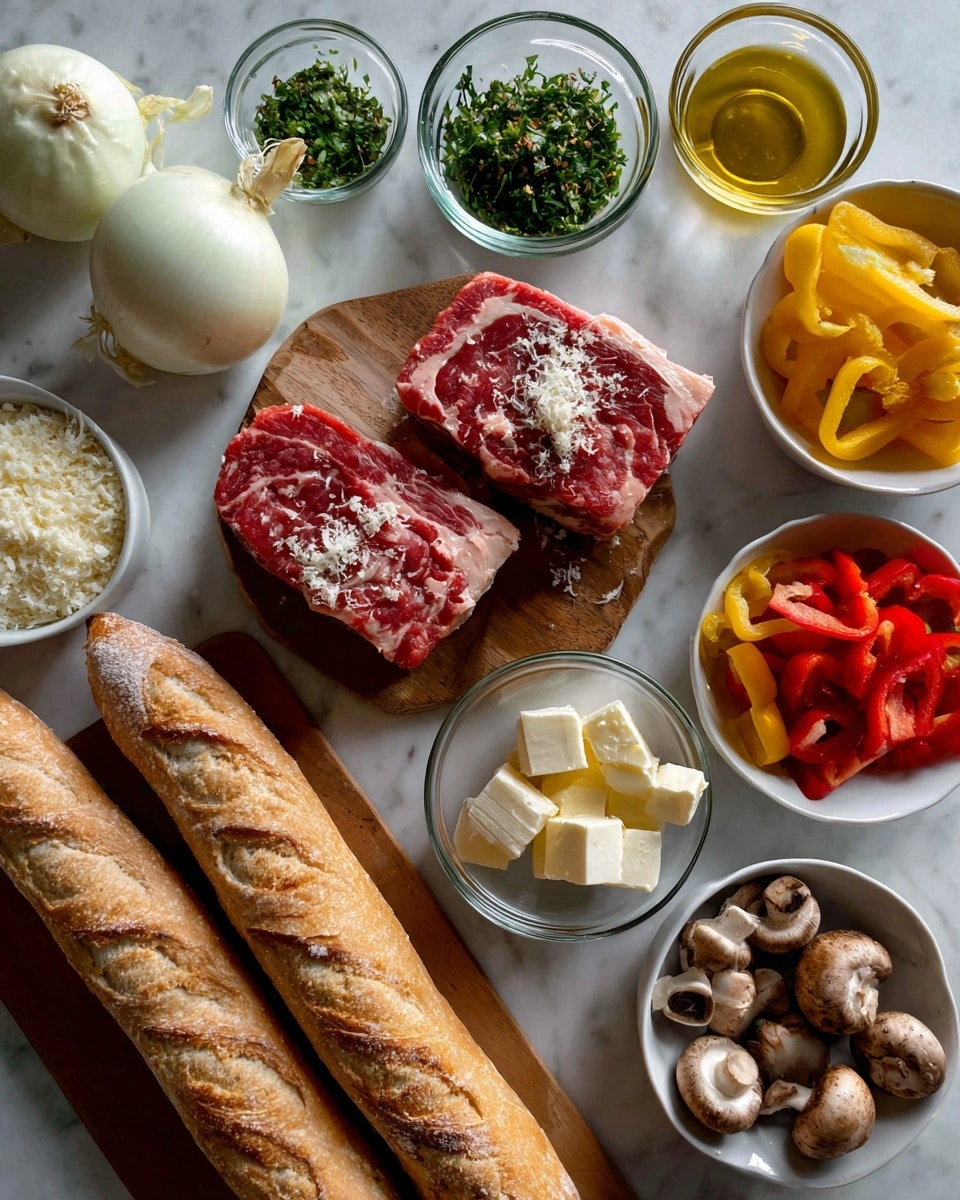 The image shows raw ingredients arranged neatly on a white marbled surface. At the top center, two thick pieces of raw, marbled red meat sit on a small wooden board. Surrounding them, there are clear glass bowls with green herbs, golden oil, and cubed white cheese. To the left, a large white onion is positioned next to a small white bowl full of finely grated white cheese. On the right side, a white bowl holds sliced red and yellow peppers, and next to it are a whole yellow bell pepper and a brown onion. At the bottom left, two long loaves of bread rest on a wooden board beside a small glass bowl with golden oil. At the bottom right, a white bowl contains mushrooms, a red tomato, and several cloves of garlic. The arrangement is spaced well and the colors of the ingredients stand out against the white marbled texture. photo taken with an iphone --ar 4:5 --v 7