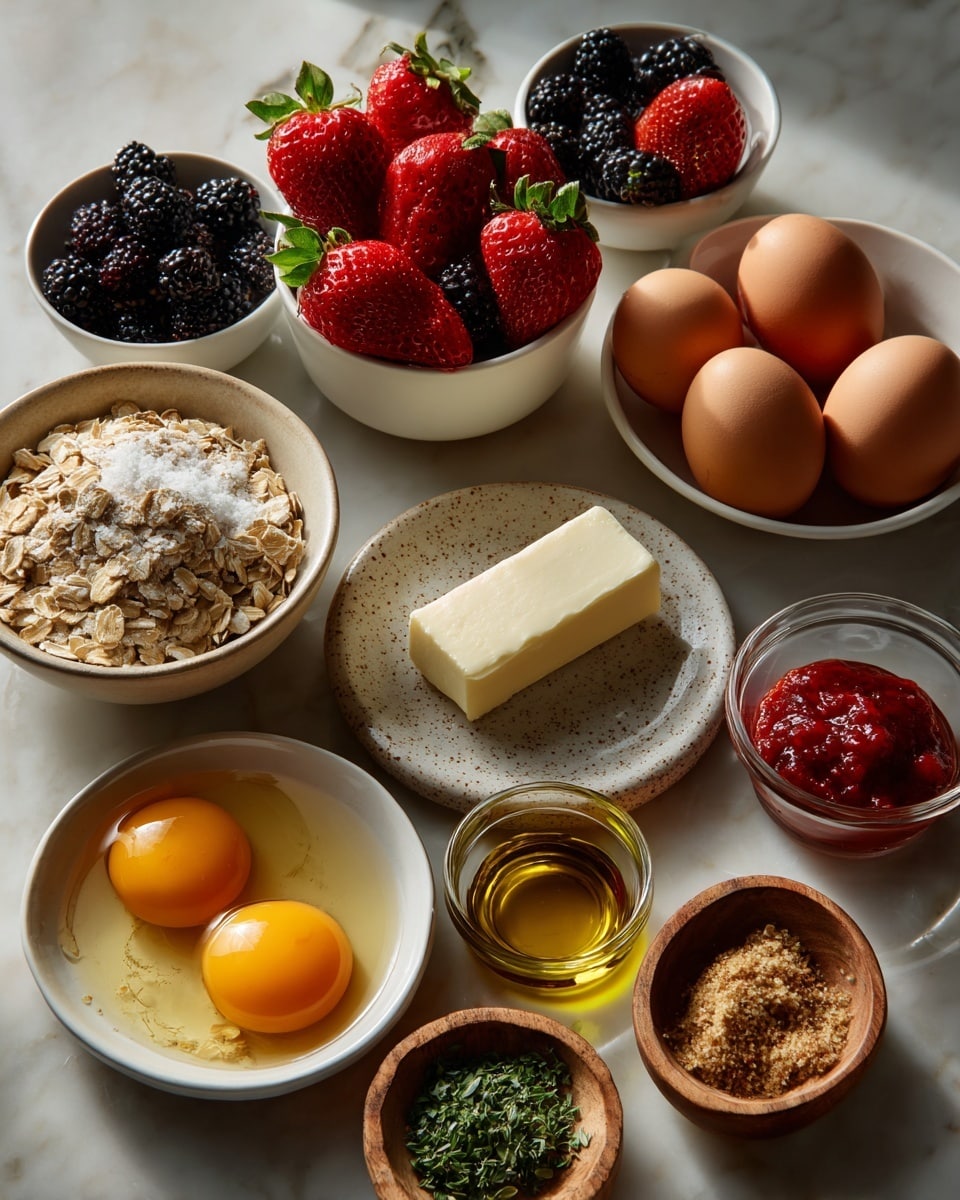 The image shows various ingredients arranged neatly on a white marbled surface. There are three white bowls filled with blackberries and strawberries, a small speckled plate with a square block of butter, three whole brown eggs, one cracked egg in a white bowl showing two yolks, and several small clear and wooden bowls with olive oil, rolled oats with salt, white sugar, red jam, mixed herbs, and brown sugar. The items are placed close together, showcasing fresh and raw ingredients with natural colors and textures. photo taken with an iphone --ar 4:5 --v 7