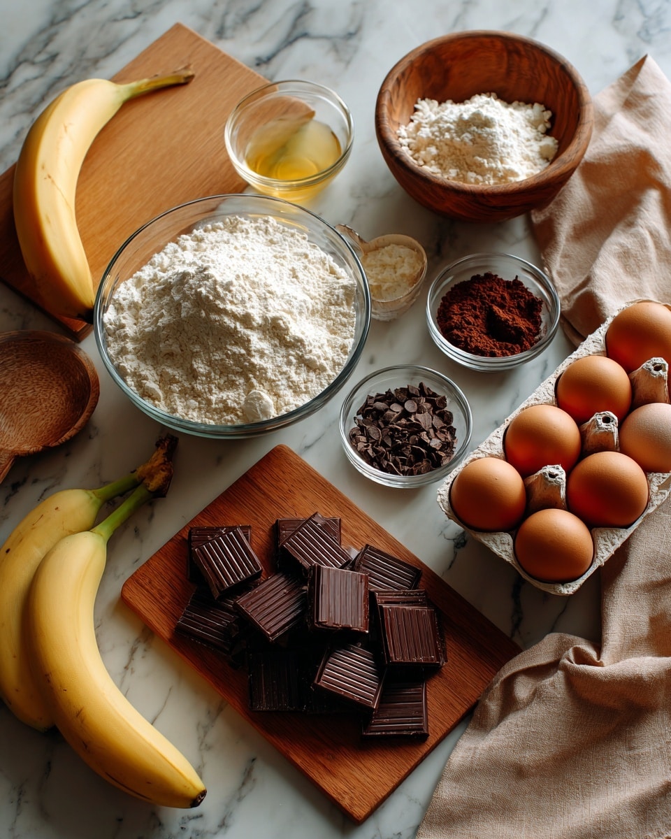 The image shows several baking ingredients arranged on a white marbled surface. There are two yellow bananas resting on the bottom left. Nearby, a small clear glass bowl holds a light yellow liquid, and a wooden bowl filled with white flour sits next to it. A large clear glass bowl is filled with more white flour in the center. To the right, a rectangular carton with eight brown eggs is placed. There are two small clear glass bowls containing dark cocoa powder and chocolate chunks positioned near the eggs. A wooden cutting board holds broken dark chocolate bars in front of the eggs and bowls. A beige cloth rests under some of the bowls and a wooden board in the top left corner. The overall setting looks clean and warm. Photo taken with an iphone --ar 4:5 --v 7