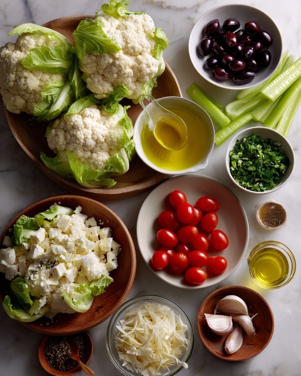 The image shows many ingredients laid out on a white marbled surface. At the bottom left, there is a wooden bowl full of large white cauliflower heads with green stems. Above it, there is a white bowl filled with golden olive oil. To the right of the cauliflower, a white bowl contains sliced green celery pieces. Above the celery, a smaller white bowl holds dark black olives. Next to the olives, there is a small glass bowl filled with chopped green herbs. Above this, a small white bowl is filled with white crumbled cheese cubes. In the middle, there is a small white bowl with shredded white cheese. Around the cheese are bright red cherry tomatoes bunched together, with a small garlic clove below them. To the left of the tomatoes, a small glass bottle holds light yellow oil, and next to it, another small glass bowl contains a slightly darker golden liquid. Finally, there is a tiny wooden bowl at the center bottom with dark spices inside. The scene is clean and colorful, with fresh, raw ingredients arranged neatly photo taken with an iphone --ar 4:5 --v 7