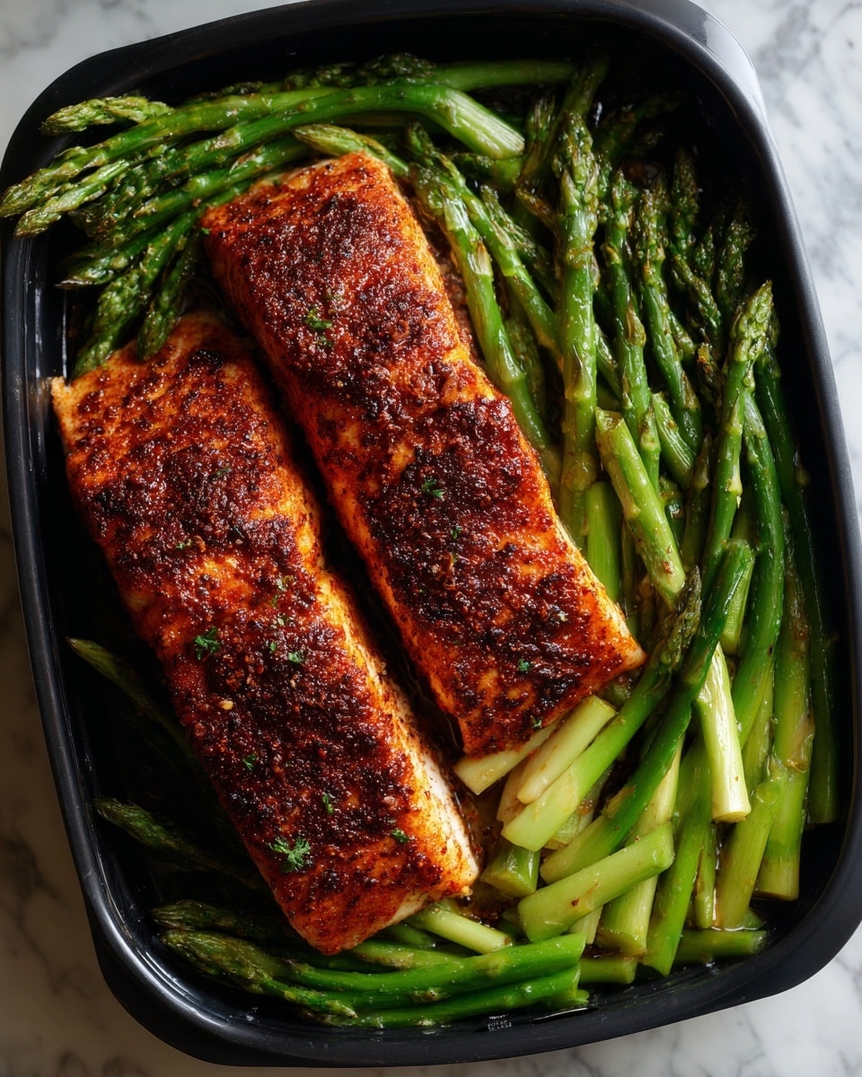 Two thick pieces of dark brown seasoned fish are placed side by side in the center of a black air fryer basket. On each side of the fish, bright green asparagus stalks lie neatly in a row, slightly shiny from cooking. The fish has a textured surface with tiny white salt crystals sprinkled on top. The background shows a white marbled texture. photo taken with an iphone --ar 4:5 --v 7
