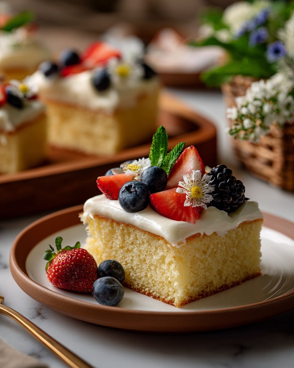 A square white cake sits on a wooden surface with one slice pulled out in front. The cake has two layers: a light yellow sponge base and a thick white cream layer on top. The cream is decorated with fresh strawberries cut in halves, whole blueberries, raspberries, and blackberries, scattered evenly. A woman's hand is reaching to take a slice. Around the cake are small bowls and a basket filled with the same berries. There are small white flowers in glass jars nearby. The background is soft and neutral. photo taken with an iphone --ar 4:5 --v 7