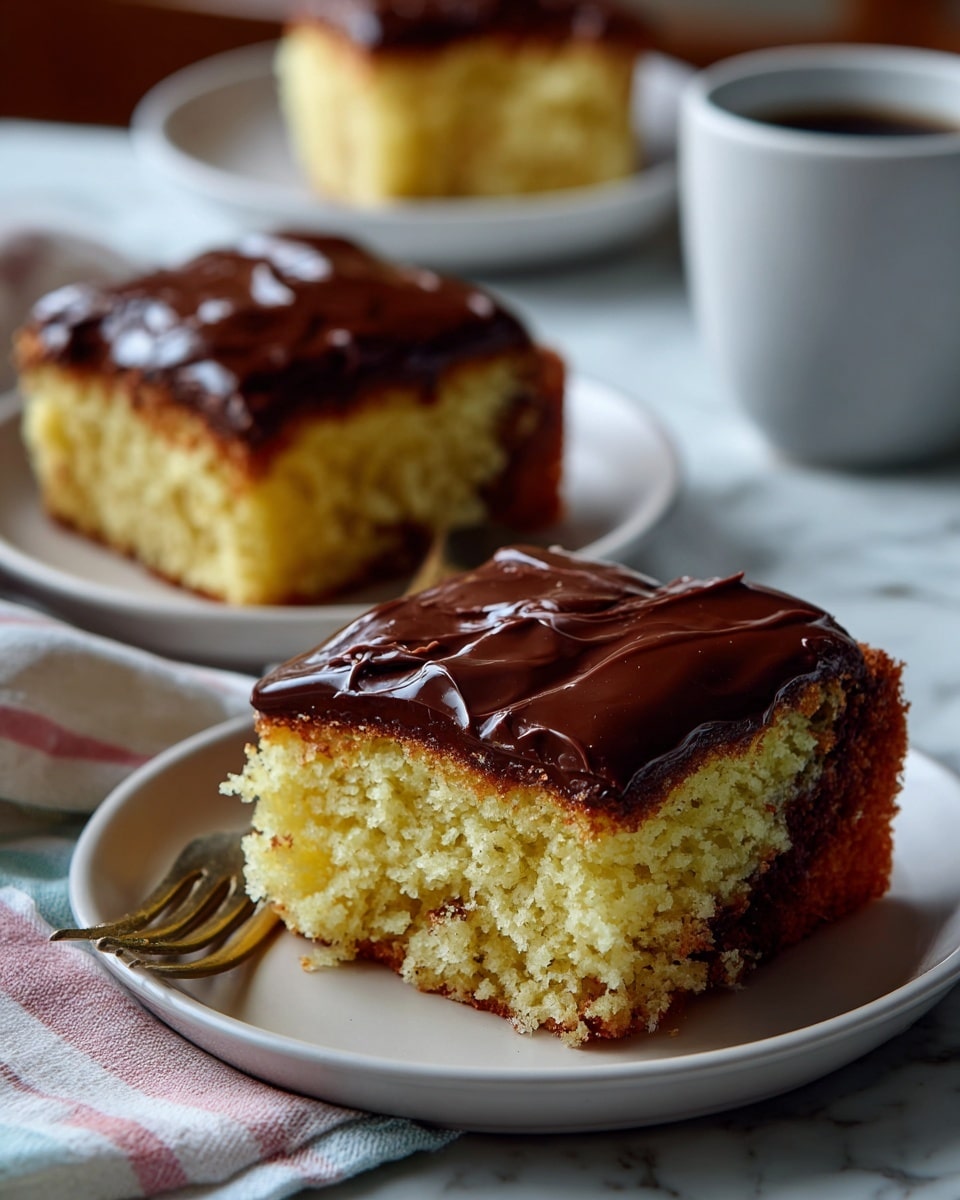 A single square piece of yellow cake with two visible layers showing; the bottom layer is light and fluffy yellow cake, with swirls of rich dark brown chocolate running through it, topped with a thick, smooth, shiny layer of dark brown chocolate frosting. The cake sits centered on a simple white plate on a white marbled surface. In the background, there is another similar piece of cake on a white plate and a beige mug slightly out of focus. Photo taken with an iphone --ar 4:5 --v 7