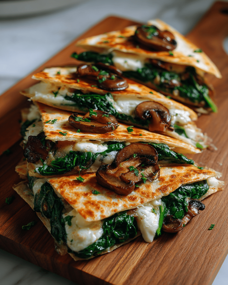 The image shows several triangular quesadillas stacked neatly on a wooden board with a white marbled background. Each quesadilla has a golden-brown toasted tortilla on the outside. Inside, layers of melted white cheese, sautéed dark brown mushroom slices, and vibrant green spinach leaves are visible. The cheese slightly oozes out and bubbles around the mushrooms, with some mushrooms placed on top of the quesadilla slices as decoration. The overall look is warm and fresh, with the quesadillas overlapping in a casual arrangement. Photo taken with an iphone --ar 4:5 --v 7