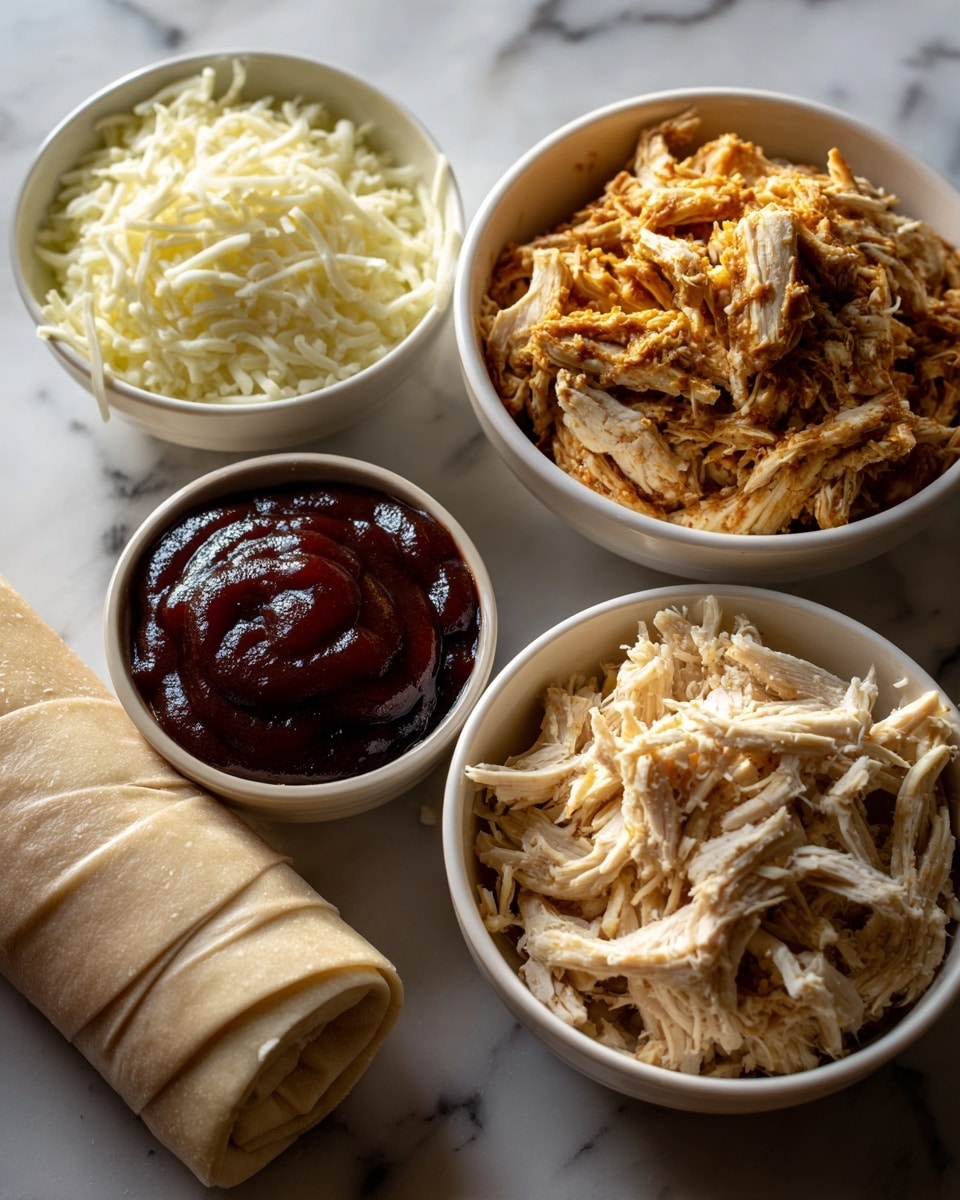 The image shows four small white bowls and a biscuit can with dough wrapped around it placed on a white marbled surface. The top left bowl contains shredded mozzarella cheese, white and slightly curly. The top right bowl holds dark, shiny, thick BBQ sauce with a rich texture. The bottom right bowl is filled with light beige shredded chicken pieces that look tender and fibrous. The biscuit dough is wrapped around a brown can, showing a smooth and soft texture. photo taken with an iphone --ar 4:5 --v 7