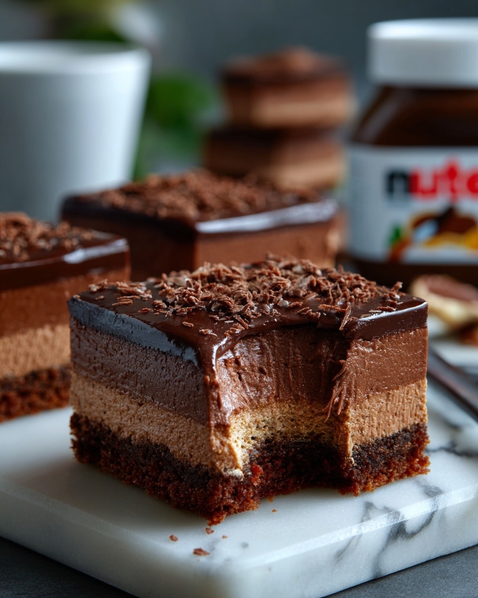The image shows a thick square piece of chocolate dessert on a white marbled surface. It has four visible layers: the bottom is a dark brown firm crust, the next is a slightly lighter, soft mousse layer, then another thin darker chocolate crust layer, and the top layer is a smooth, glossy dark chocolate spread with a shiny texture. A bite is taken from the front right corner, showing the inside layers clearly. In the background, there is a blurred jar of Nutella and a white cup, with more chocolate squares stacked behind. Photo taken with an iphone --ar 4:5 --v 7