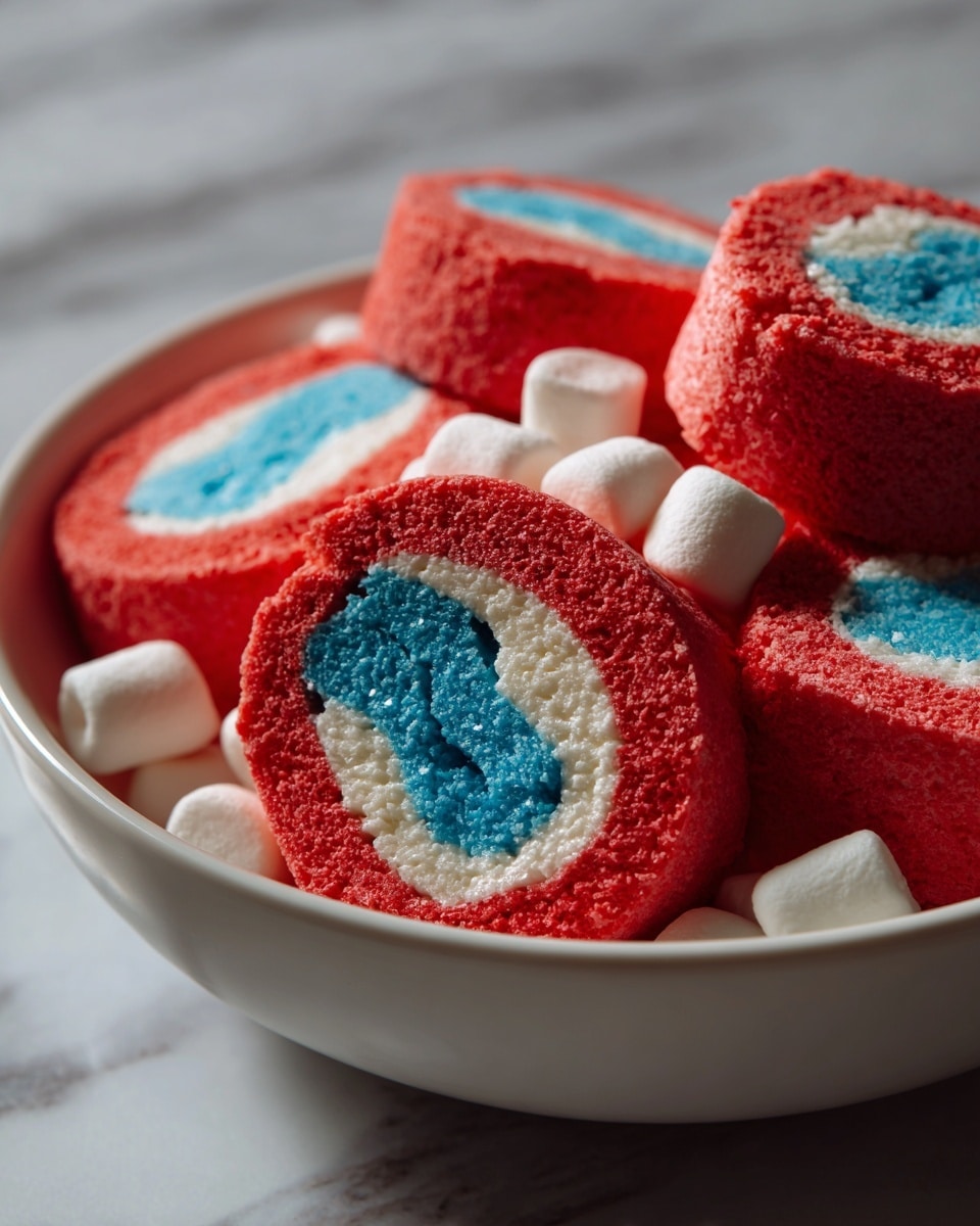 The image shows a close-up of a white bowl filled with bright red and blue rolled treats that look smooth and slightly shiny. Each roll has two layers, an outer solid color (red or blue) and a lighter swirl inside that spirals tightly from the center outward. Small white mini marshmallows are placed around and between the rolls, adding a soft, fluffy texture contrast. The bowl sits on a white marbled surface and the lighting makes the colors pop vividly. photo taken with an iphone --ar 4:5 --v 7