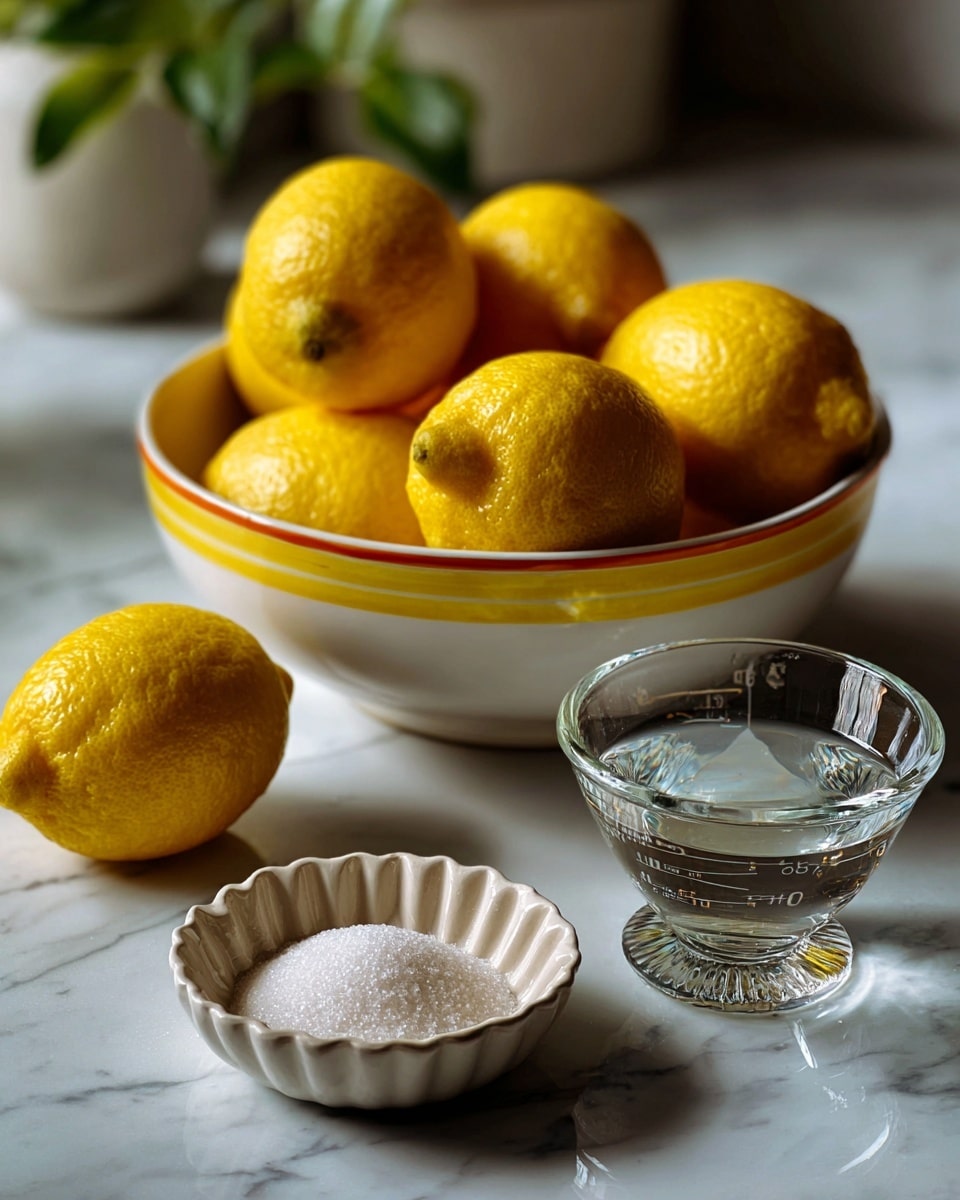 The image shows three containers on a white marbled surface. At the back, there is a large white bowl with a yellow and orange stripe near the bottom, filled with bright yellow lemons. In front of the bowl, to the left, is a small white fluted dish filled with white granulated sugar. To the right, there is a clear glass measuring cup filled with water. The scene focuses on the fresh lemons and simple ingredients, arranged neatly with soft natural light. photo taken with an iphone --ar 4:5 --v 7