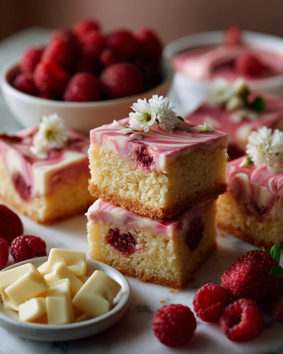 A square piece of white and pink layered cake sits on a white plate with a beige rim, placed on a white marbled surface. The cake has three clear layers: a bottom light beige cake layer, a middle thick bright red raspberry layer with visible raspberry pieces, and a top fluffy pink and white swirled frosting layer. The top of the cake is decorated with a fresh red raspberry and a small white flower. In the background, more pieces of the same cake and fresh raspberries are slightly out of focus. Photo taken with an iphone --ar 4:5 --v 7