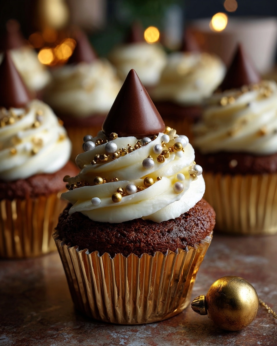 The image shows dark brown chocolate cupcakes, each with three clear layers: a moist chocolate base with a colored filling inside (green, orange, or red), a thick swirl of creamy white frosting on top, and a glossy, pointed chocolate hat sitting at the peak of the frosting. The cupcakes rest in shiny gold and white paper liners on a dark cake stand and a wooden surface. In the background, there is a softly glowing candle and blurred glass bottles, all set on a white marbled texture. photo taken with an iphone --ar 4:5 --v 7