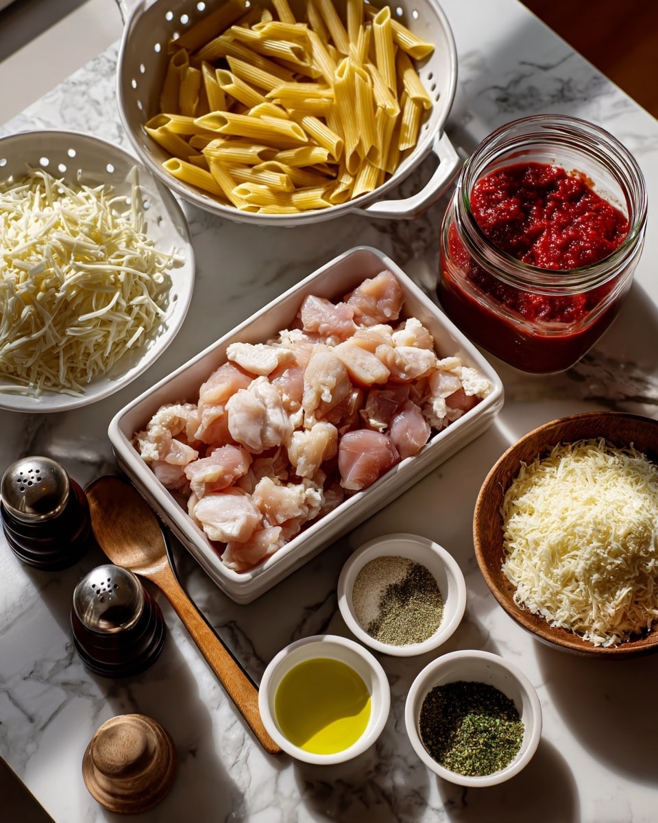 The image shows various ingredients for a dish arranged neatly on a white marbled surface. In the center, there is a white rectangular dish filled with small pieces of raw light pink chicken. To the top left, a white colander holds uncooked yellow penne pasta. A glass jar with red marinara sauce is situated above the chicken dish. Below the chicken, a white bowl contains shredded white mozzarella cheese, and next to it is a small wooden bowl filled with grated pale yellow parmesan. Two small wooden spoons hold green Italian seasoning and light beige garlic powder respectively. To the left of the chicken, there are dark brown salt and pepper shakers. A small white bowl filled with yellow oil completes the arrangement. The overall setup is clean, with ingredients spaced evenly on the white marbled surface, photo taken with an iphone --ar 4:5 --v 7