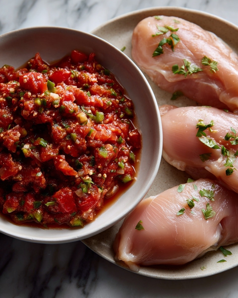 The image shows a white bowl filled with chunky red salsa with visible pieces of tomato and green pepper next to a plain white plate holding four raw boneless skinless chicken breasts that have a light pink color and smooth texture. Both dishes are placed on a white marbled textured surface, and the arrangement is simple and clean, focusing on the natural look of the fresh ingredients. Photo taken with an iphone --ar 4:5 --v 7