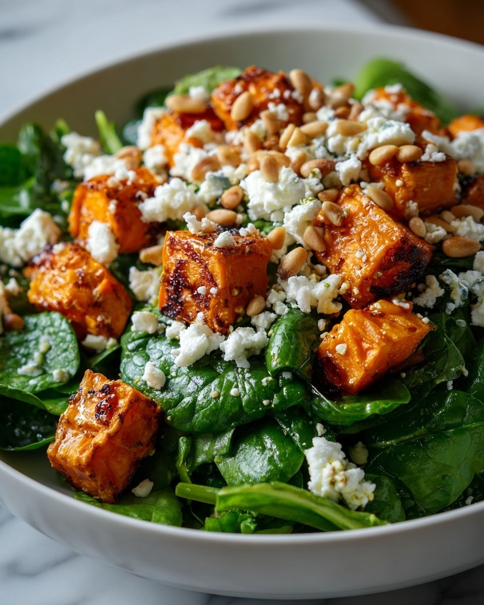 A fresh salad in a white bowl placed on a white marbled surface features three main layers: the base is made up of bright green spinach leaves with a smooth texture, on top of that are medium-sized, golden brown roasted sweet potato cubes with some caramelized edges, and scattered on the surface are small white crumbles of feta cheese and toasted light tan pine nuts adding texture and contrast, all topped lightly with a shiny drizzle of dressing. photo taken with an iphone --ar 4:5 --v 7