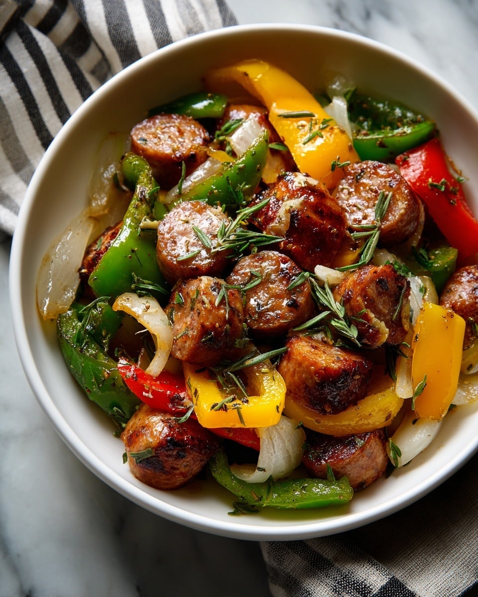 A white bowl filled with a colorful mix of sliced sausage and grilled bell peppers on a white marbled surface. The dish has three main layers: bottom is a mix of red, yellow, and green bell pepper pieces with a soft, slightly charred texture; middle layer includes round slices of browned sausage scattered evenly; top layer has small sections of cooked white onions mixed throughout. The lighting highlights the glossy surface of the vegetables and the sausage's seared edges, showing a well-cooked, vibrant meal. photo taken with an iphone --ar 4:5 --v 7