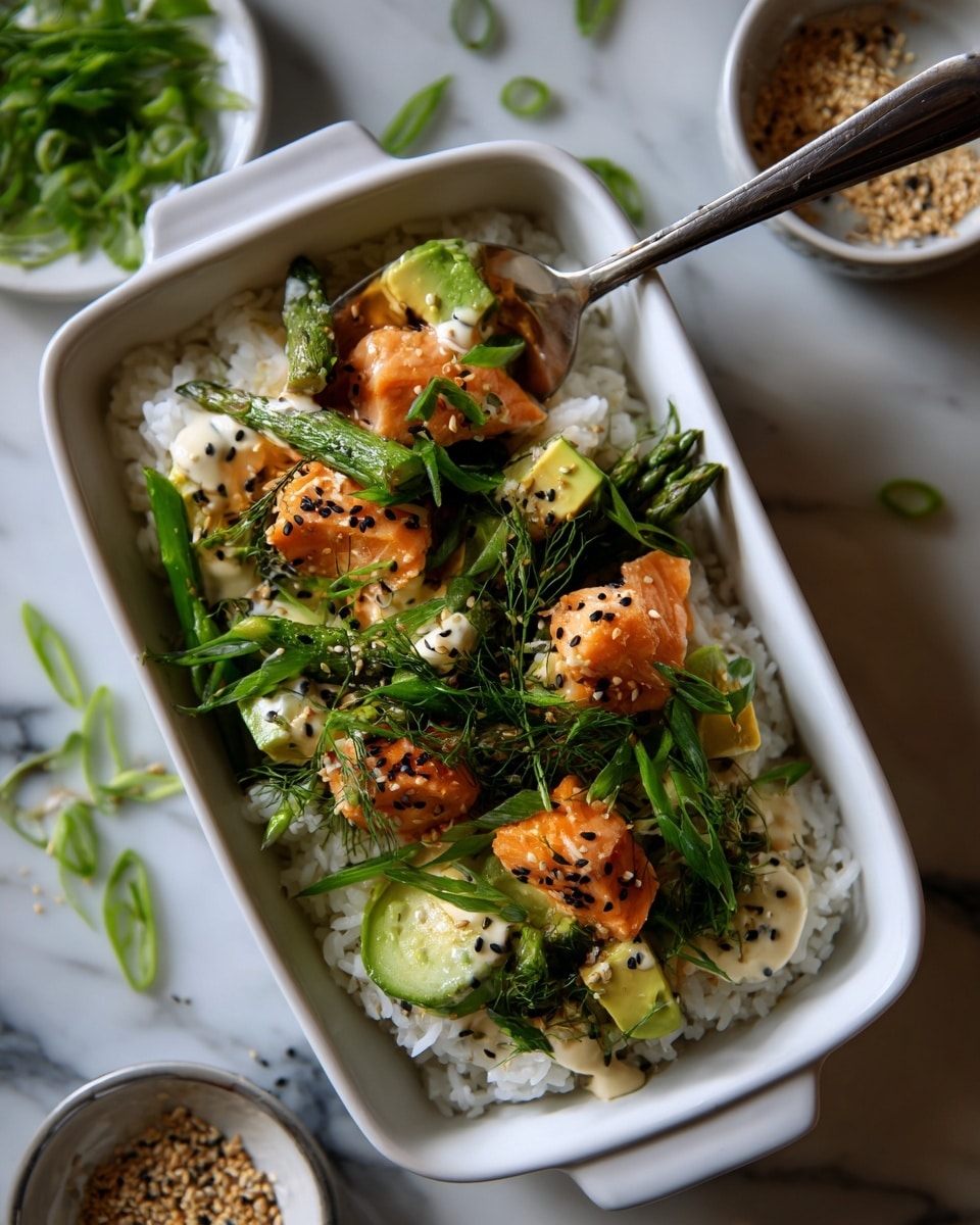 The dish is shown in a white rectangular baking dish placed on a white marbled surface. The base layer is white rice, covered with an even layer of cubed cooked salmon pieces that are orange with a slight seared texture. On top of the salmon are small green cubes of avocado and cucumber scattered all over. The dish is drizzled with a light creamy sauce and sprinkled with black and white sesame seeds. Thin slices of fresh green onion lay on top, adding a bright green color and a fresh look. A silver serving spoon is dipping into the food in the lower-right corner, lifting some of the layered ingredients to show the different textures and colors inside. Nearby, there is a white bowl filled with black and white sesame seeds. Photo taken with an iphone --ar 4:5 --v 7