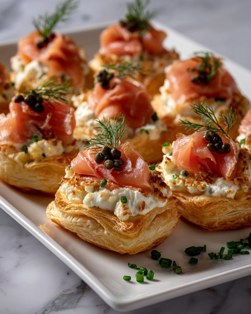 The image shows a white plate with six puff pastry cups arranged in two rows. Each pastry cup has three golden brown, flaky layers that look light and crispy. The top layer holds a dollop of creamy white cheese spread with tiny green herb bits. On top of the cheese, there is a delicate rose-shaped slice of pink smoked salmon. Small dark green capers and fresh green dill sprigs are placed carefully on the salmon, adding color and texture. The plate is on a white marbled surface with scattered small green herbs around. The photo taken with an iphone --ar 4:5 --v 7